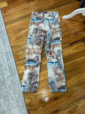 Paul Brial Tropical Print Slim Pants in Blue & Brown